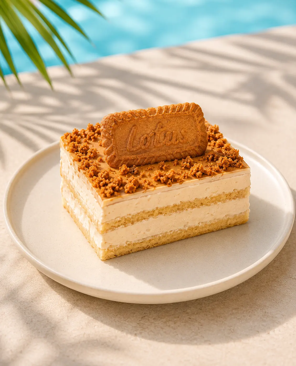A slice of Tai Sweets layered Lotus cake topped with a Lotus biscuit and crumble